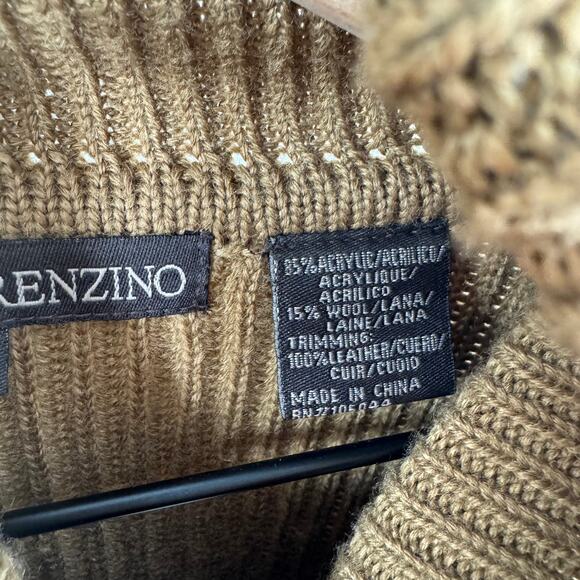 Lorenzino Brown Knit Turtleneck Sweater Suede Leather Trim Cable Knit Size Large - Picture 3 of 8